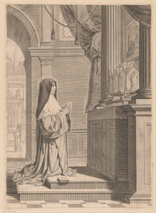 Heilige Scholastica biddend voor een reliekschrijn