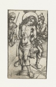 Heilige Sebastiaan aan de geselpaal, met rechter en  beulsknecht