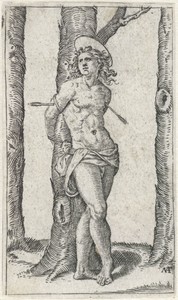 Heilige Sebastiaan vastgebonden aan boom met pijlen in lichaam