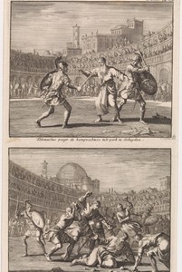 Heilige Telemachus van Rome onderbreekt een gladiatorengevecht en de steniging van de heilige Telemachus