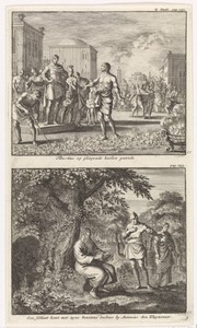 Heilige Tiburtius wandelt over hete kolen en de heilige Antonius die een bezeten vrouw geneest