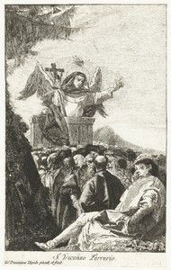 Heilige Vincentius Ferrer (Ferrier) met vleugels en crucifix predikt voor menigte
