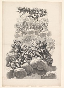Heiligen rond een orgel in de wolken