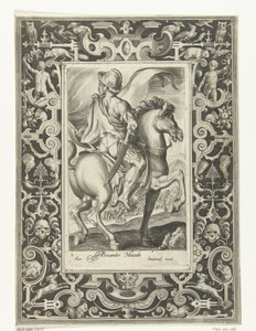 Held Alexander de Grote te paard in omlijsting met ornamenten