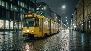 Helsinki Tram Rainy Night