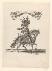 Hendrik II de Lorraine verkleed als wildeman op een paard verkleed als eenhoorn versierd met slangen