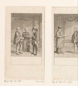 Hendrik van Navarra in gesprek met Michel de l'Hopital en Gaspard de Coligny