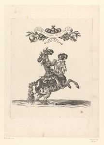 Henri-Jules de Bourbon te paard in fantasiekostuum, aangeduid als 'Roy des Indes'