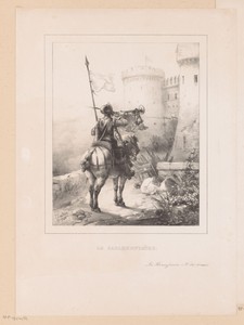 Heraut met bazuin voor een kasteel