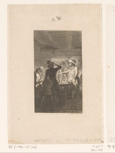 Herbergbezoekers zetten een zak geld voor de waardin op tafel