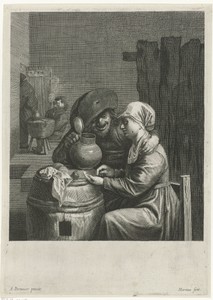 Herberginterieur met boer en jonge vrouw
