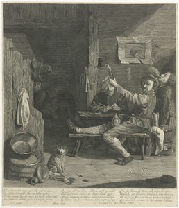 Herberginterieur met drinkende en rokende heren