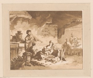 Herberginterieur met figuren en in het midden een vrouw die een kind voedt