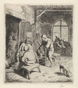Herberginterieur met rokende en drinkende boeren