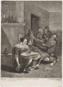 Herbergscène met een boer die onder de rok van een vrouw probeert te kijken