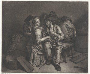 Herbergscène met vier mannen en een vrouw