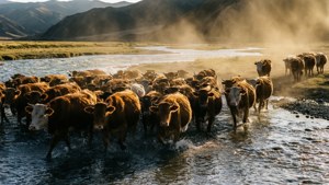 Herd Crossing River at Dusk