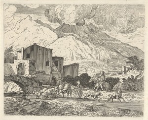 Herder in een landschap met vulkaan