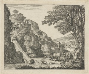 Herder met dieren bij een waterval