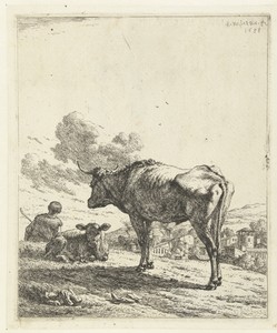 Herder met een os en kalf bij een dorp