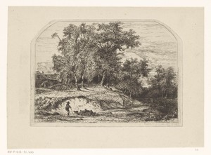 Herder met kudde in een boomrijk landschap