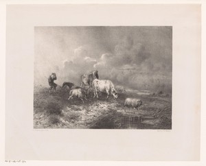 Herder met kudde in een storm