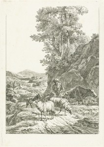 Herder met kudde op bergpad