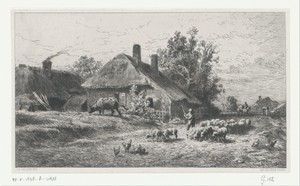 Herder met kudde op een weg langs een boerderij