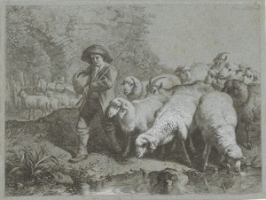 Herder met kudde schapen en geiten