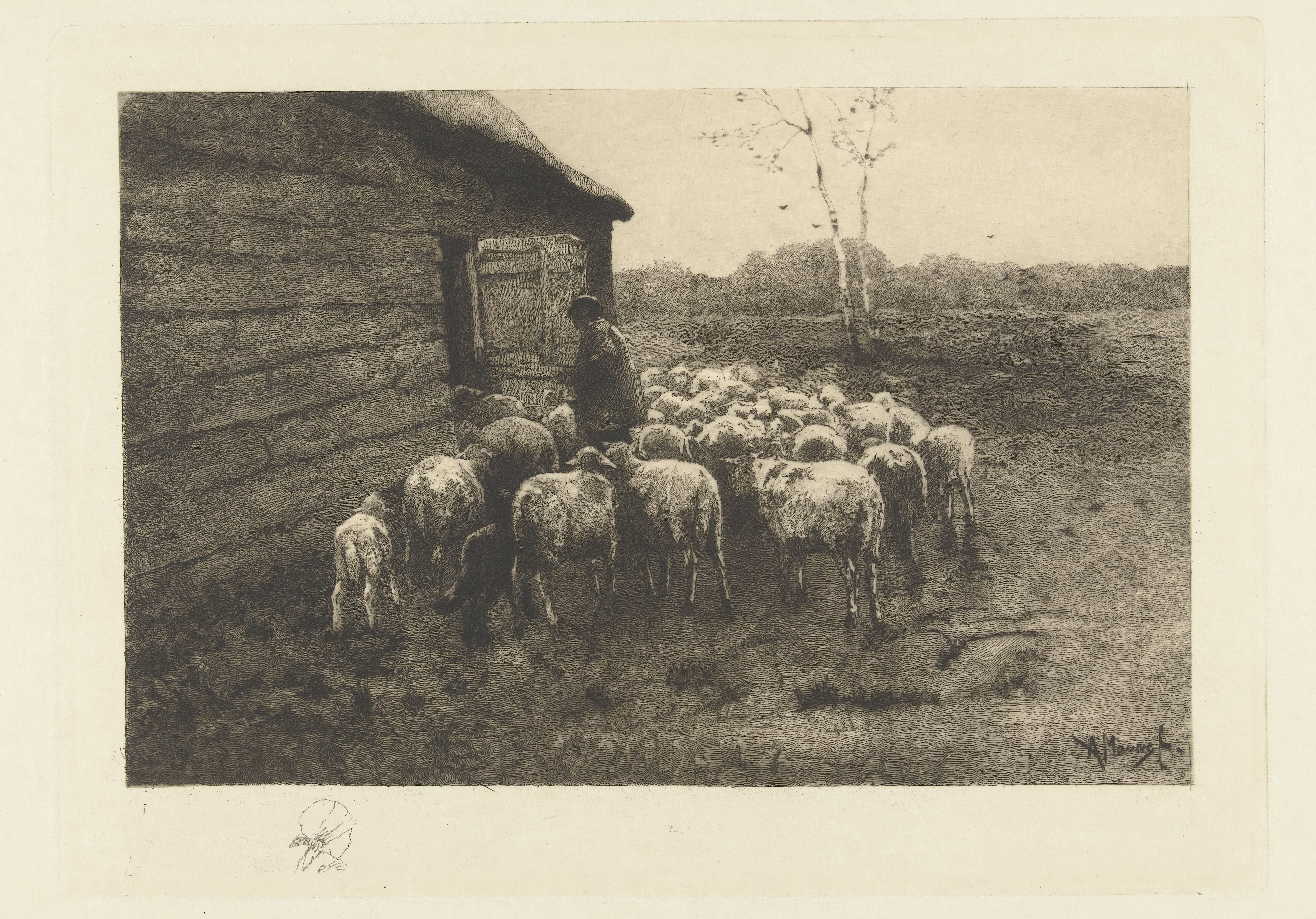 Herder met kudde schapen voor de stal by Petrus Johannes Arendzen