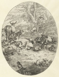 Herder met vee rust bij twee bomen