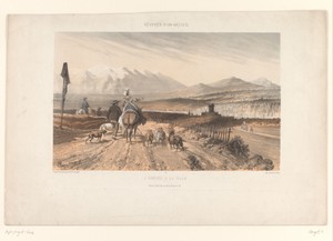 Herder nadert een stad in een berglandschap