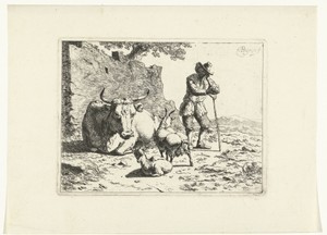 Herder staat bij koe en twee geiten bij vervallen muur