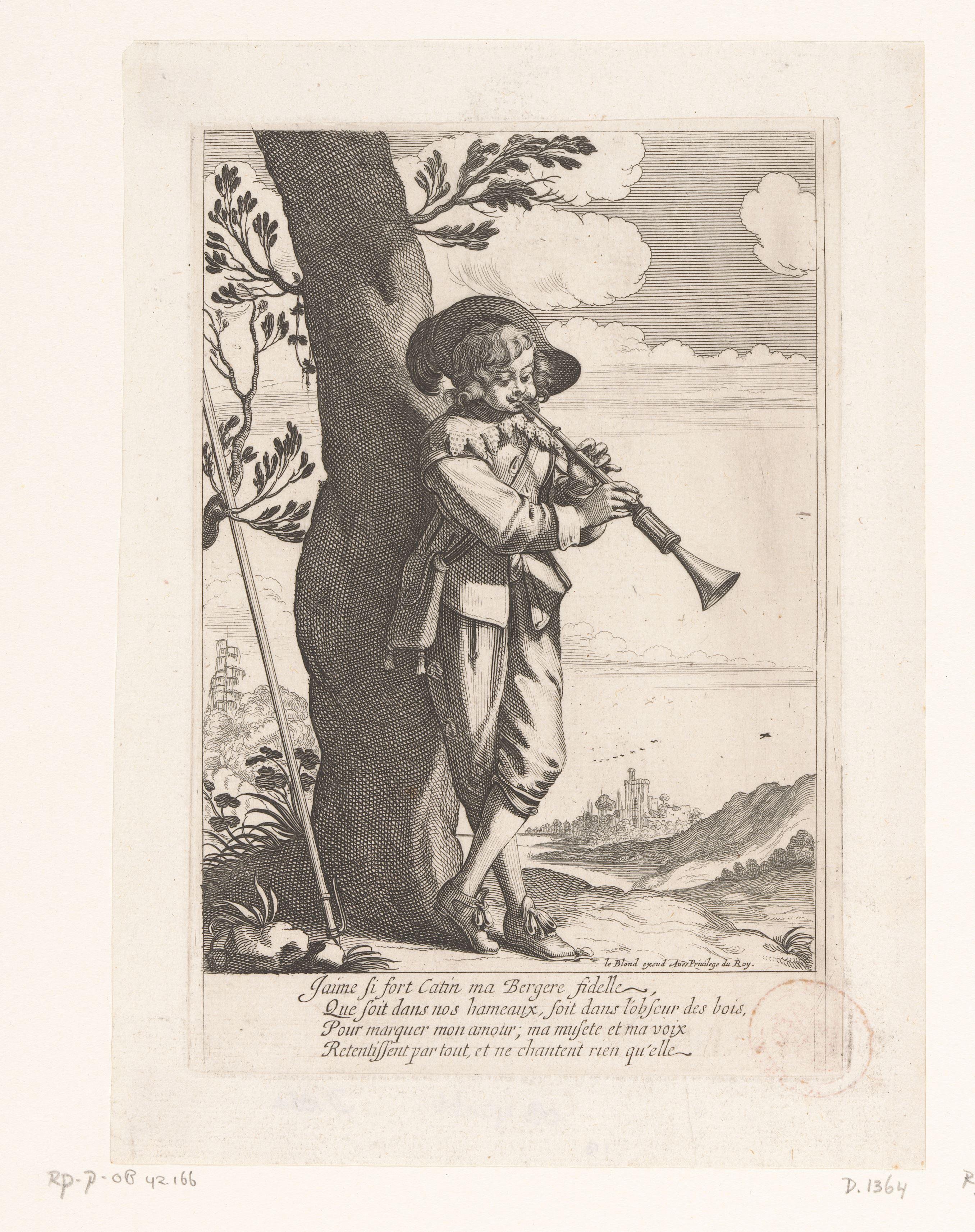 Herder tegen boom leunend speelt de hobo (musette) by Abraham Bosse