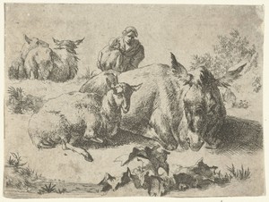 Herderin met ezel en drie schapen