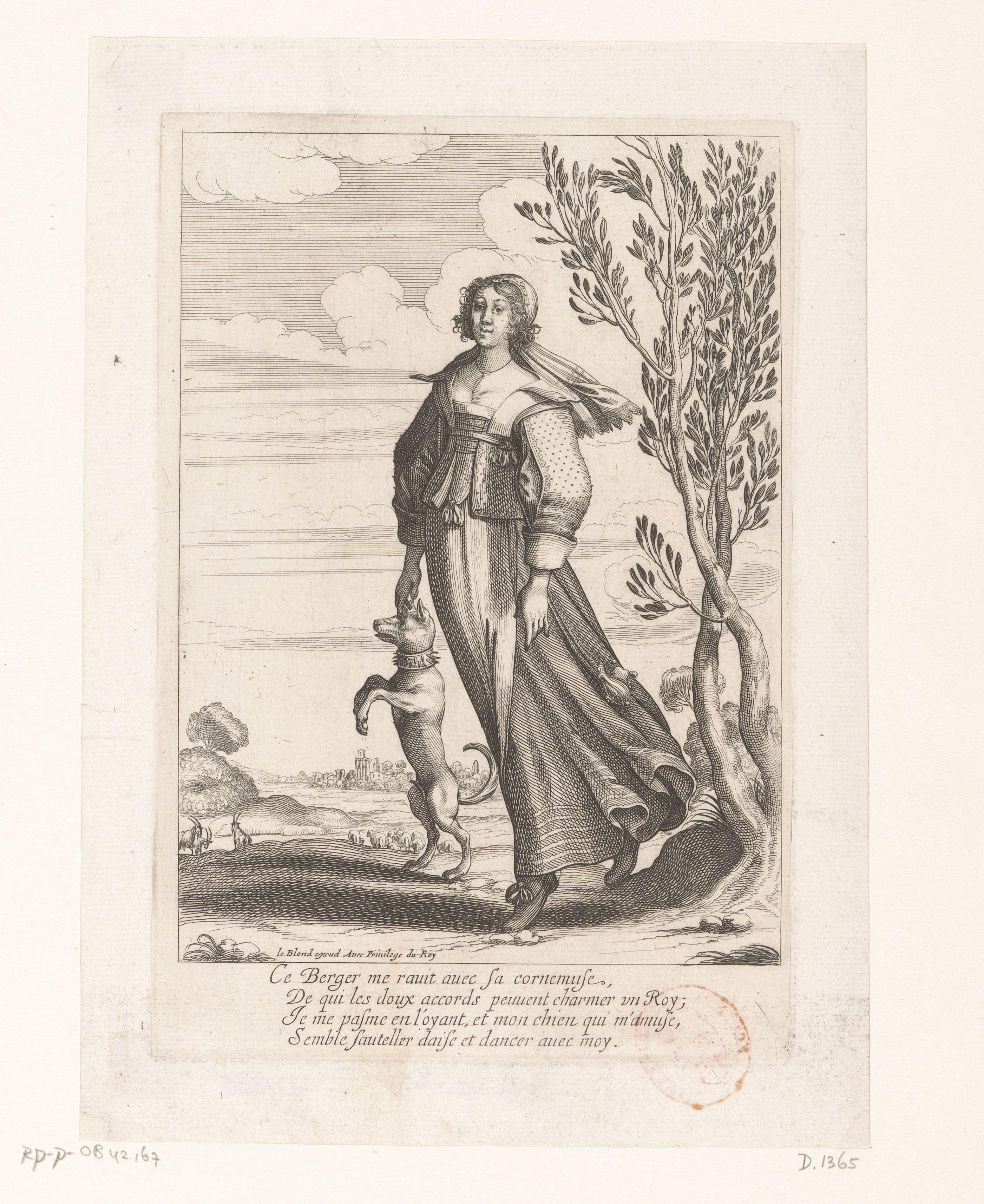 Herderin met hond op achterpoten staand by Abraham Bosse