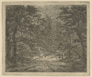 Herderin met koe in het bos