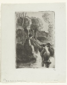 Herderin met koeien bij het water