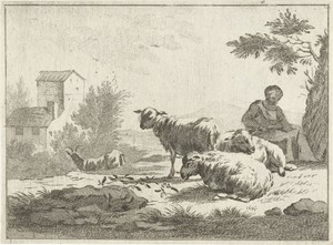 Herderin met kudde schapen