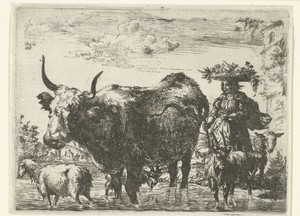 Herderin met mand op het hoofd, een koe, twee geiten en twee schapen in het water