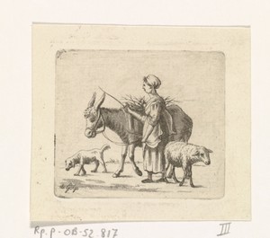Herderin met muilezel, schaap en hond