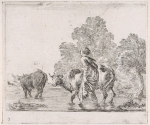 Herderin met twee koeien lopend door een rivier