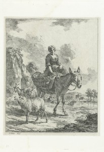 Herderin zittend op ezel temidden van kudde