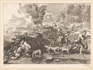 Herders met kudde schapen in een kustlandschap