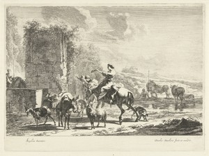 Herders met muilezels en vee bij bron in berglandschap