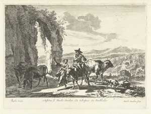 Herders met vee bij ruïne in berglandschap
