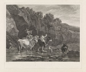 Herders met vee steken een rivier over