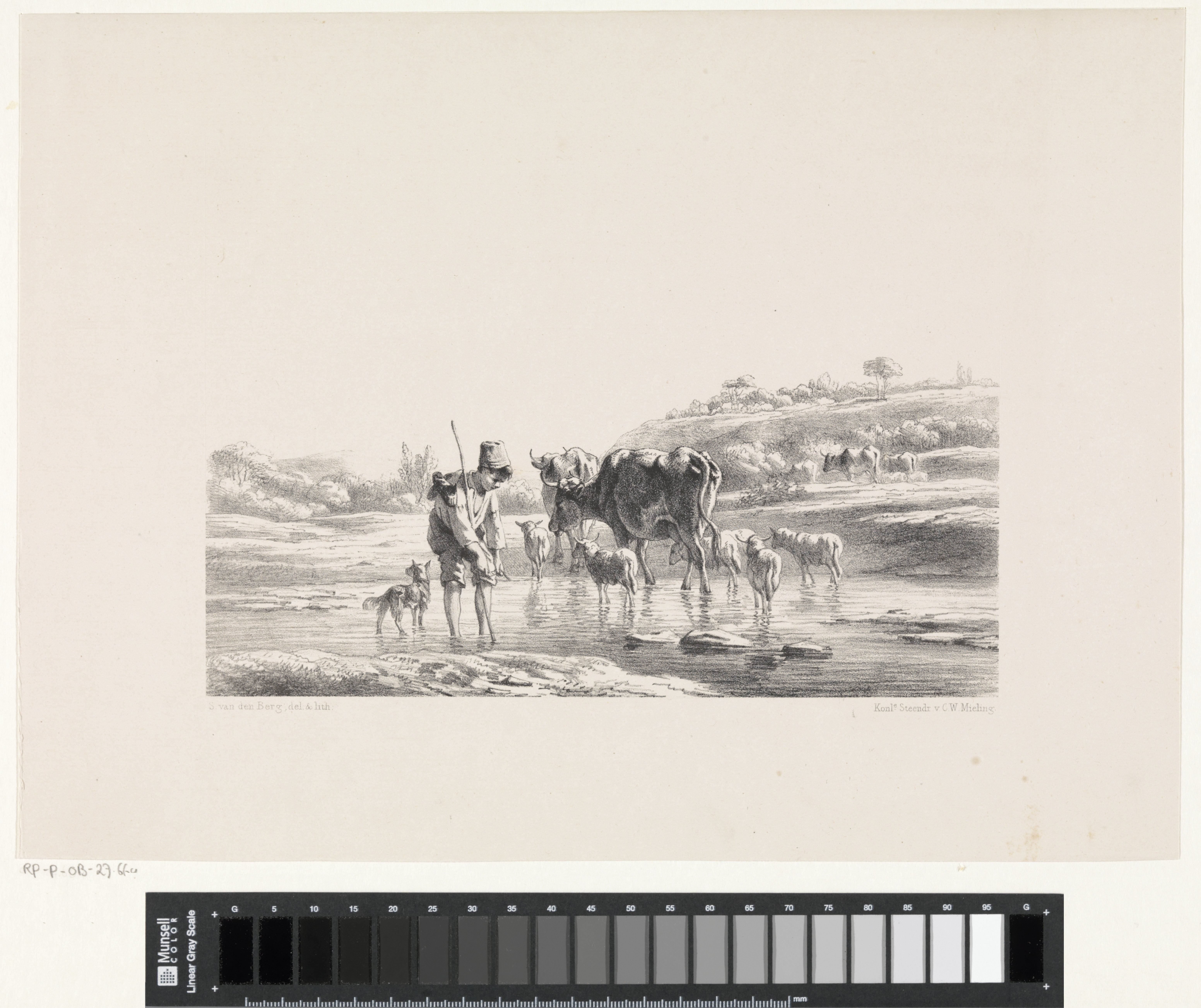 Herdersjongen met kudde in ondiep water by Simon van den Berg