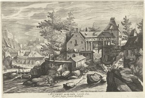 Herfst, een landschap met een dorp aan een rivier