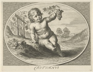Herfst in gedaante van kind met druiventros en fruit in ovaal